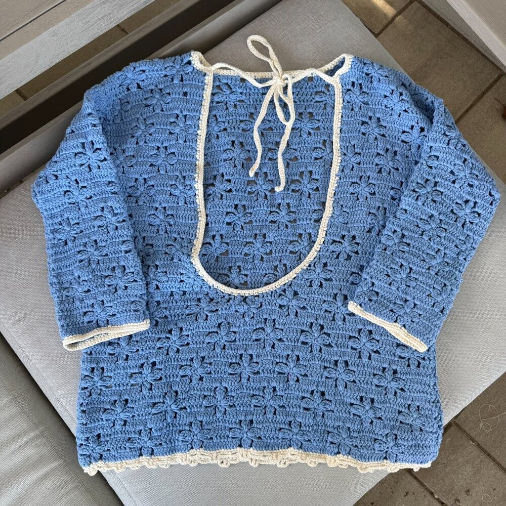 New Free People Crochet Knit Tunic Sweater Blue Floral XS - Picture 5 of 10
